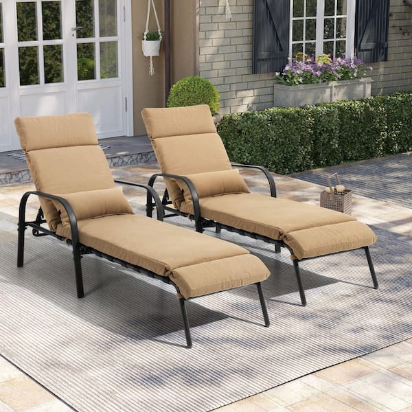 2-Piece Metal Outdoor Chaise Lounge with Tan Cushions and Pillow