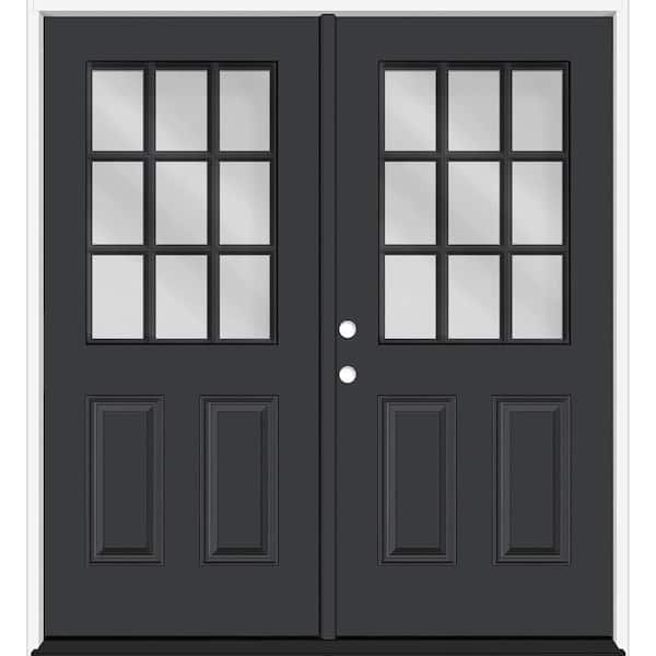Reliant 64 in. x 80 in. 2P 1/2L 9L-SDL Clear Glass RHIS Black Finish Fiberglass Double Prehung Front Door 4 in. Jamb