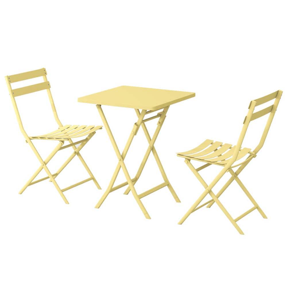 3-Piece Yellow Metal Patio Outdoor Bistro Set of Foldable Square Table and 