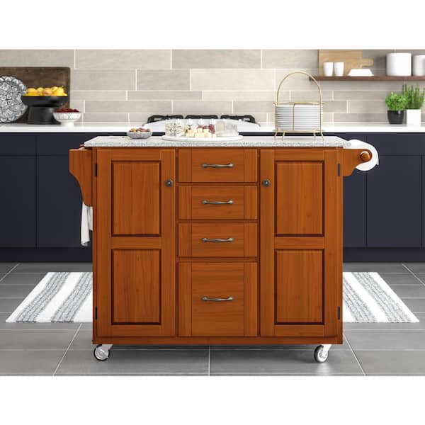 Create-a-Cart Warm Oak Kitchen Cart with Salt and Pepper Granite Top