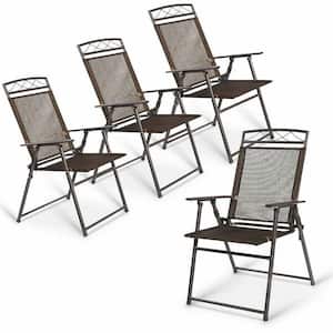 Set of 4 Patio Folding Sling Chairs Steel Camping Deck, Anti-slip Feet Caps, Coffee