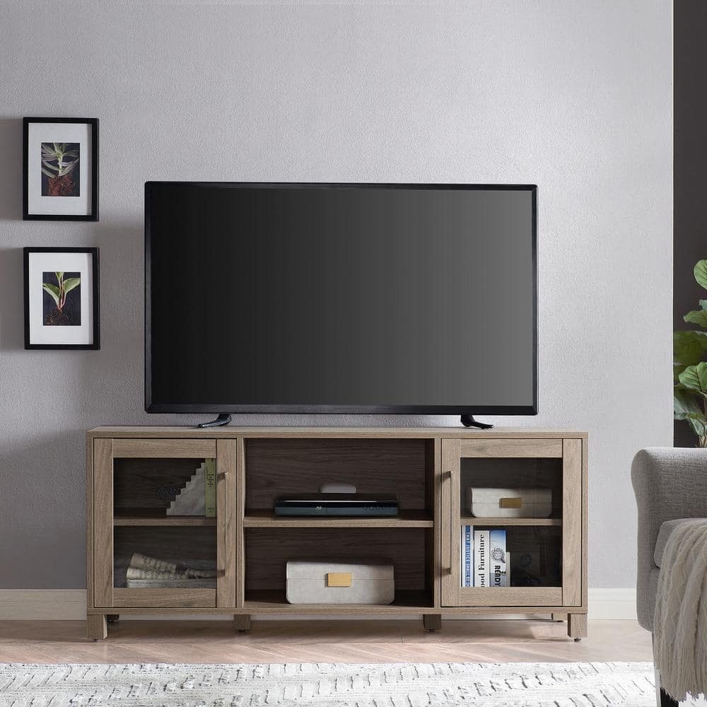 Quincy 58'' Gray Wash Solid Wood TV Stand with Enclosed Cabinets