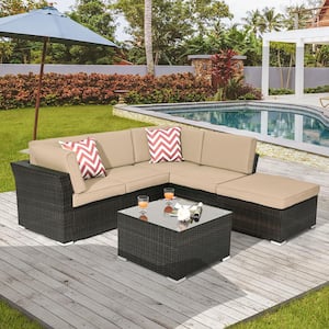 4-Pieces PE Rattan Wicker Outdoor Conversation Sectional Sofa Sets With Tempered Glass Table with Sand Cushions
