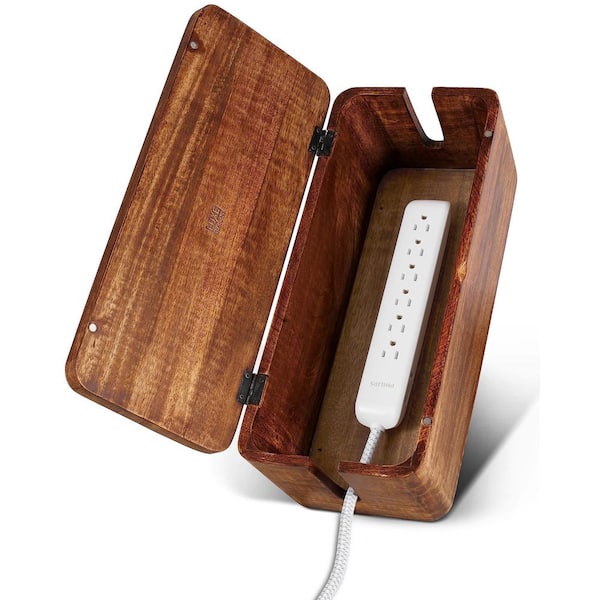 Natural Mango Wood Cable Management Box with Adjustable Cord Organizer for Desk and Floor Cable Storage