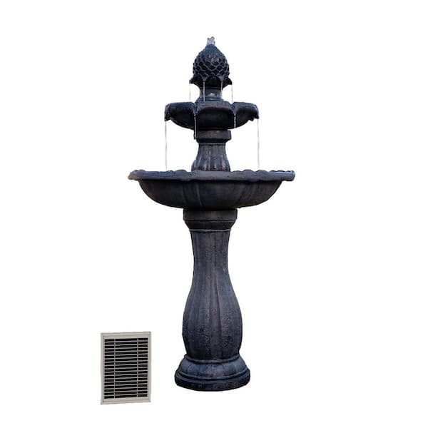 XBRAND 44 in H Fiberglass/Resin 2-Tier Solar Water Fountain w/Solar Panel and Auto-Shut Off Pump, Solar Garden Fountain, Black