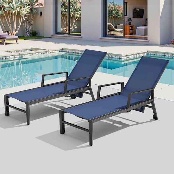 Pellebant 2-Piece Metal Aluminum Outdoor Chaise Lounge Chairs in Navy Blue with Adjustable Backrest, Arms and Wheels