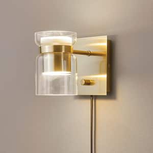 1-Light Matte Brass LED Integrated Plug-In or Hardwire Wall Sconce with Clear Glass Outer Shade and Frosted Inner Shade