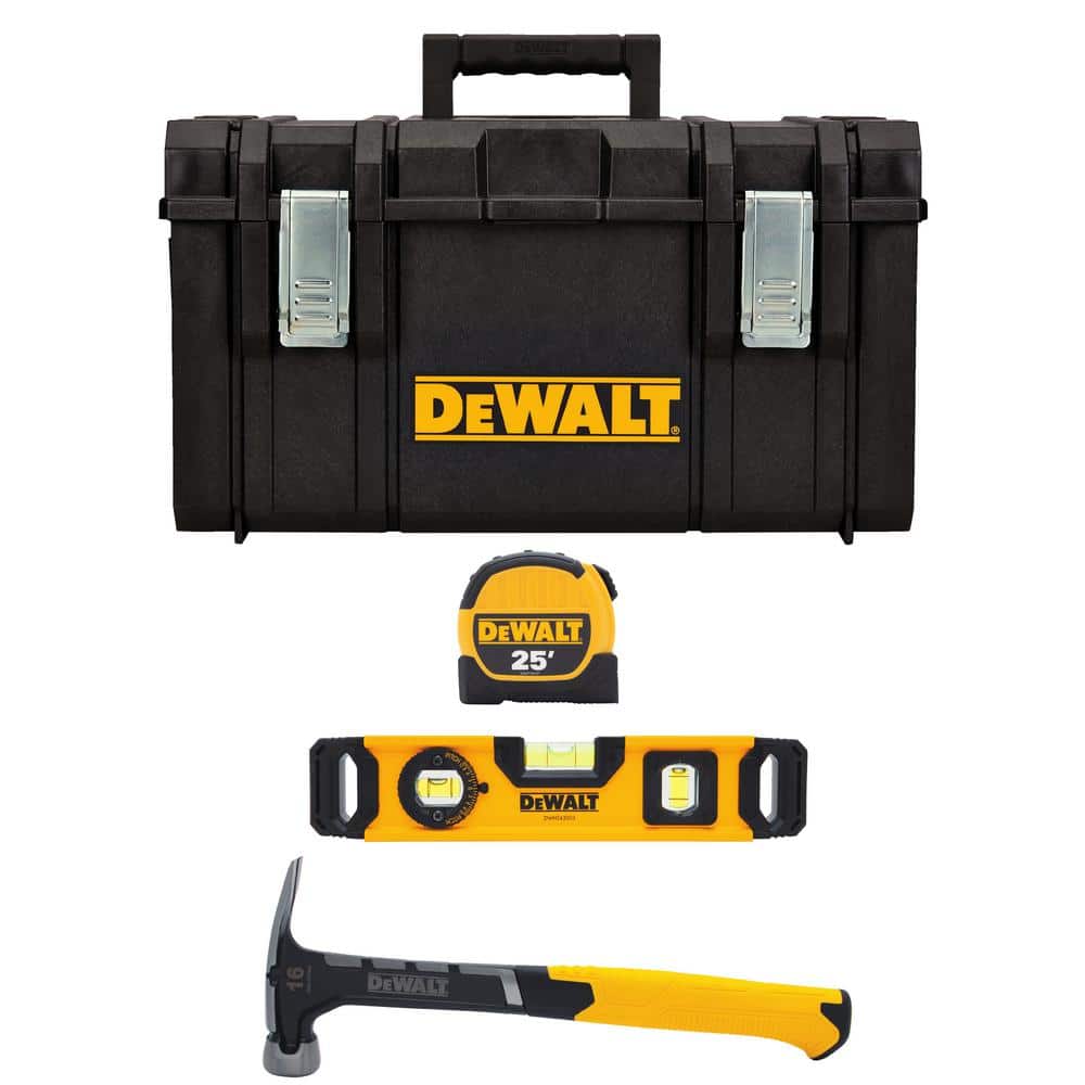 DEWALT 16 oz. Rip Claw Hammer, in. Torpedo Level, 25 ft. x 1-1/8 in. Tape  Measure and TOUGHSYSTEM 22 in. Medium Tool Box DWHT080207S0348 The Home  Depot