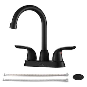 4 in. Centerset Double Handle 360 Swivel Spout Deck Mount Mixer Tap Bathroom Faucet with Pop up Drain in Matte Black