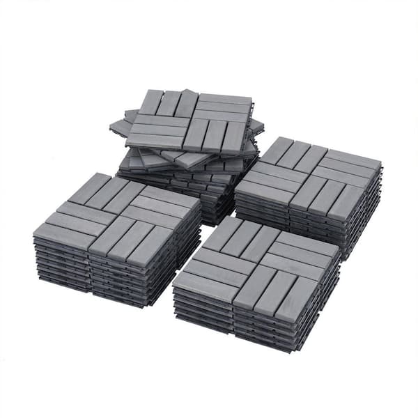 12 in. x 12 in. Acacia Wood Deck Tiles Checker Pattern-30-Pack Outdoor Interlocking Flooring, Light Gray Finish