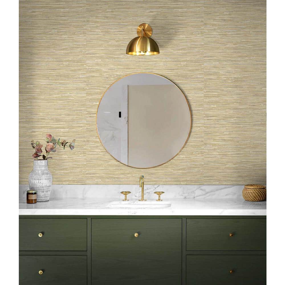 Khaki and Metallic Silver Faux Grasscloth Peel and Stick Wallpaper