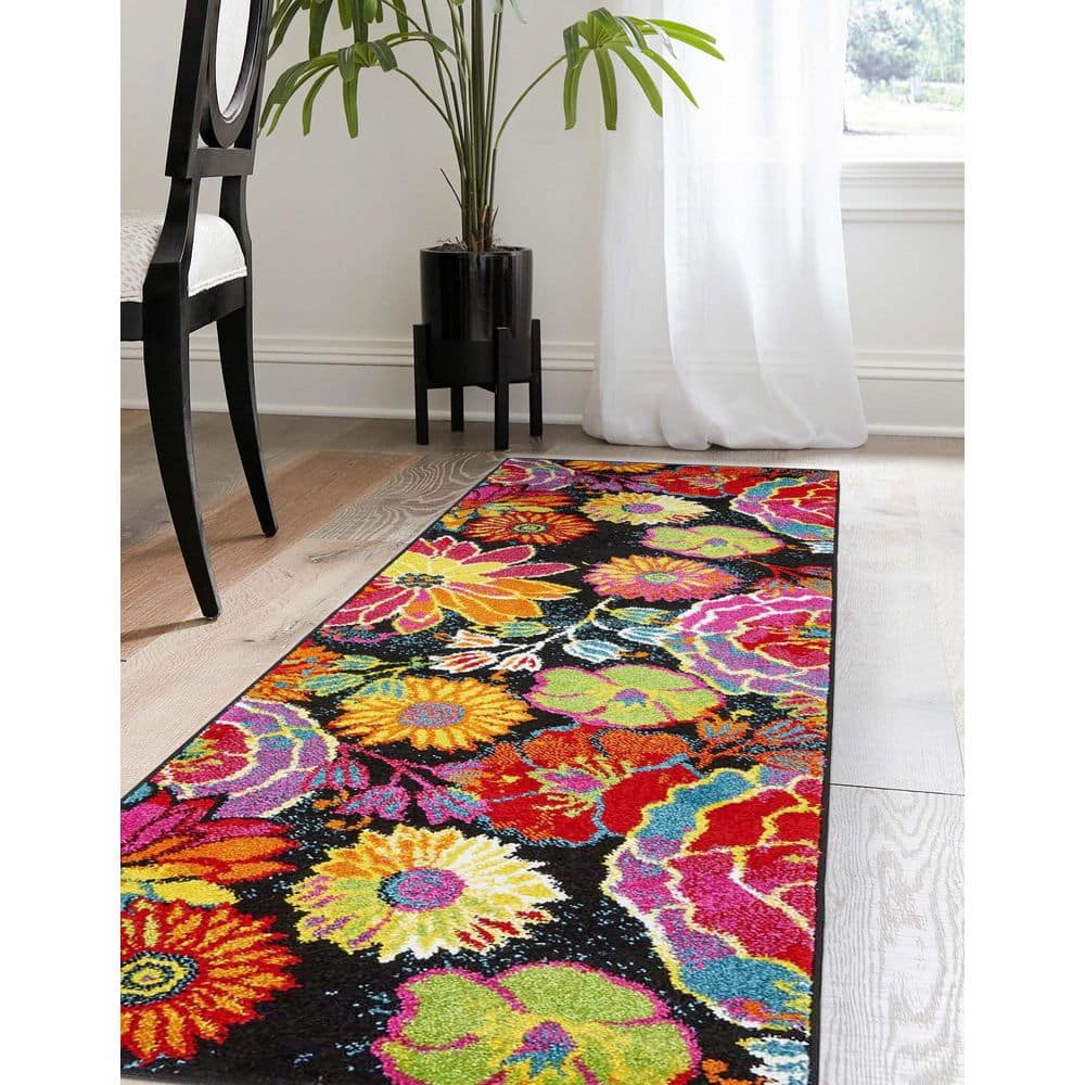 Lyon Kennedy Floral Black and Yellow 2' x 6' Synthetic Runner Rug