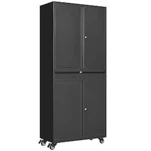 31.5 in. W x 72.8 in. H x 15.7 in. D Adjustable 2-Shelf Steel Freestanding Cabinet with 4 Door Drawer on Wheel in Black