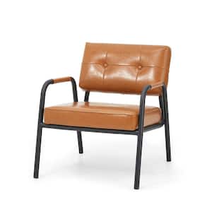 Mid-Century Modern Light Brown Leatherette Arm Accent Chair With Frosted Black Metal Frame