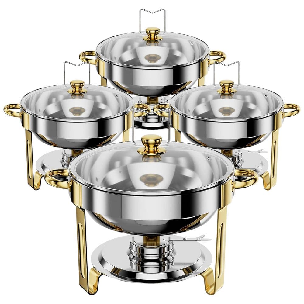 Round Chafing Dish Buffet Set 5 qt. Silver Gold Stainless Steel Food Warmer Tray with Glass Lid Holder 4 Pack