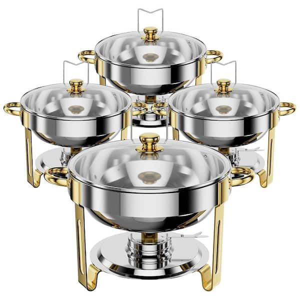 Anqtovp Round Chafing Dish Buffet Set 5 qt. Silver Gold Stainless Steel Food Warmer Tray with Glass Lid Holder 4 Pack