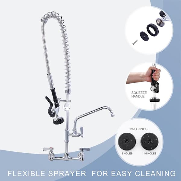 36 in. Commercial Triple Handle Pull Down Sprayer Kitchen Faucet Wall Mount with Pre-Rinse Sprayer in Chrome