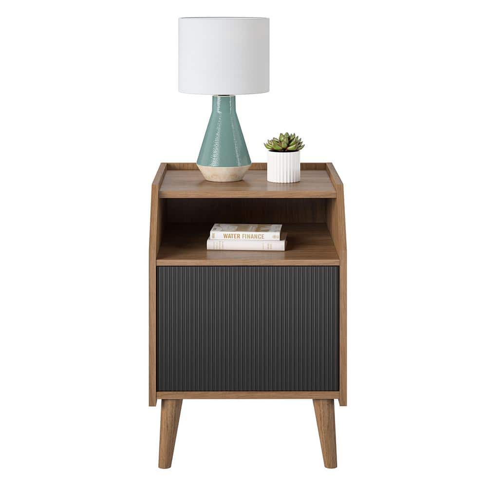 Walnut and Black Engineered Wood Mid-Century Modern End Table