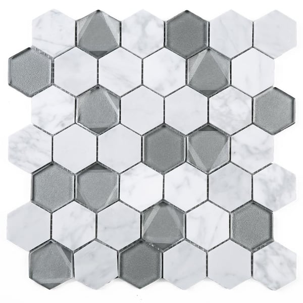 MOLOVO Phantom White 11.82 in. x 12.01 Honeycomb Polished Marble Mosaic Tile Sample