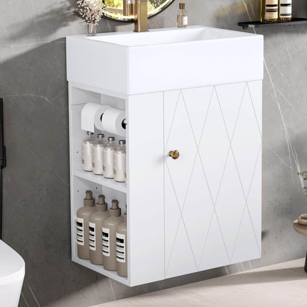 20 in.Single Sink White Wall-mounted Bath Vanity,White Ceramic Top,Soft-Close Door,Adjustable Open Shelf price history on PriceWatchPro