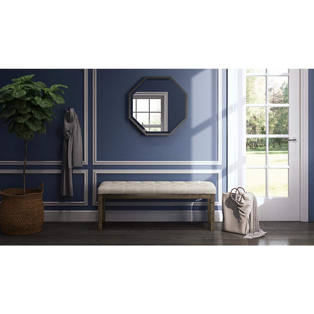 Elegant Natural Linen Tufted Pine Wood Rectangular Bench Ottoman