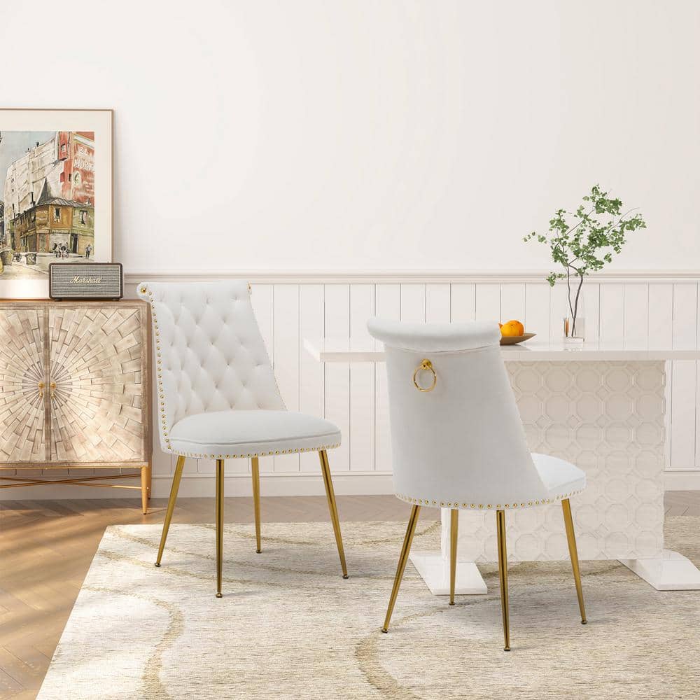 Beige Velvet Upholstered Side Chair with Gold Metal Legs