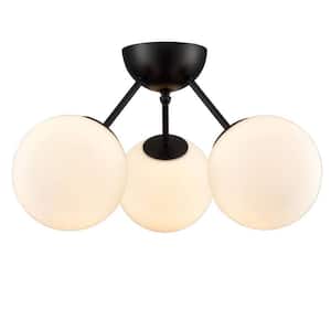 9.9 in. 3-Light Black Modern Semi-Flush Mount with Frosted Glass Shade and No Bulbs Included 1-Pack