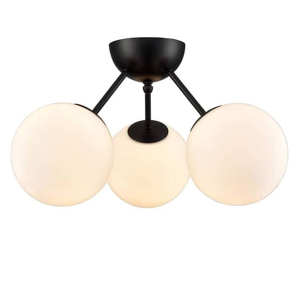 CLAXY 9.9 in. 3-Light Black Modern Semi-Flush Mount with Frosted Glass Shade and No Bulbs Included 1-Pack