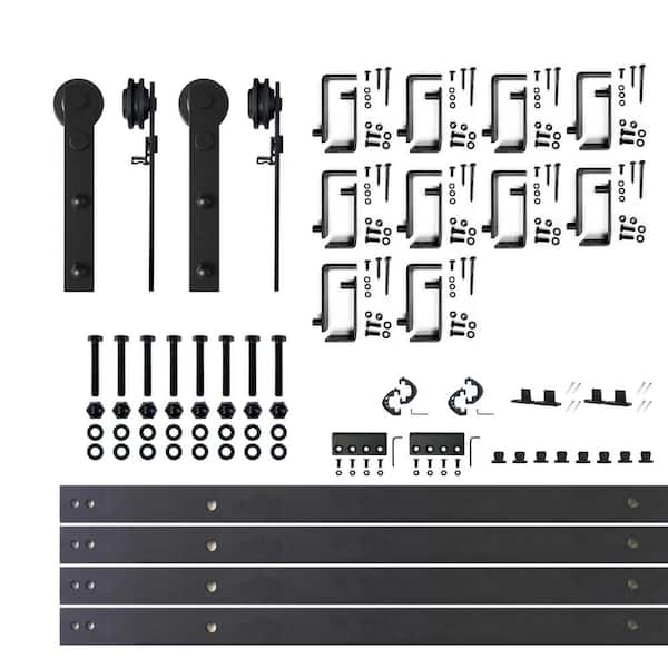 HOMACER 13 ft./156 in. Black Rustic Double Track Bypass U-Shape Sliding Barn Door Hardware Kit - Straight Design Roller