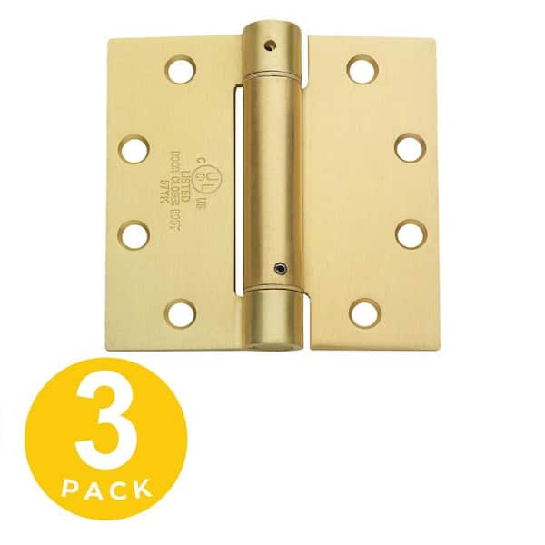 Global Door Controls 4.5 in. x 4.5 in. Satin Brass Full Mortise Spring Squared Hinge with Non-Removable Pin - Set of 3