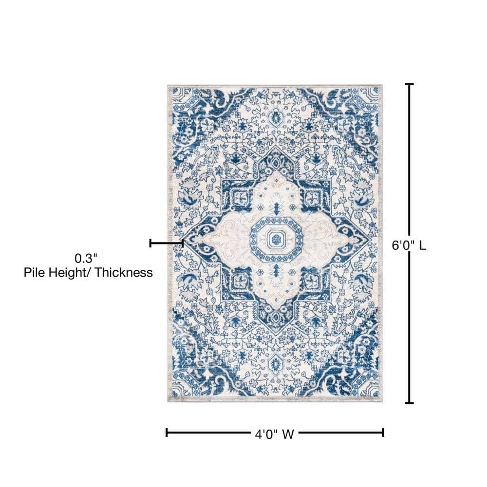 Brentwood 4' x 6' Blue and Cream Synthetic Area Rug