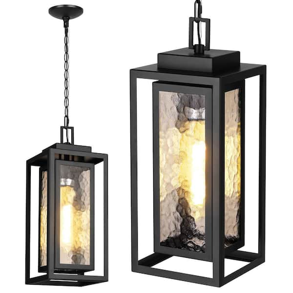 15" Modern Black Outdoor Pendant Light, Metal Frame Hanging Lantern with Water-Ripple Glass for Porch (Bulb Included)
