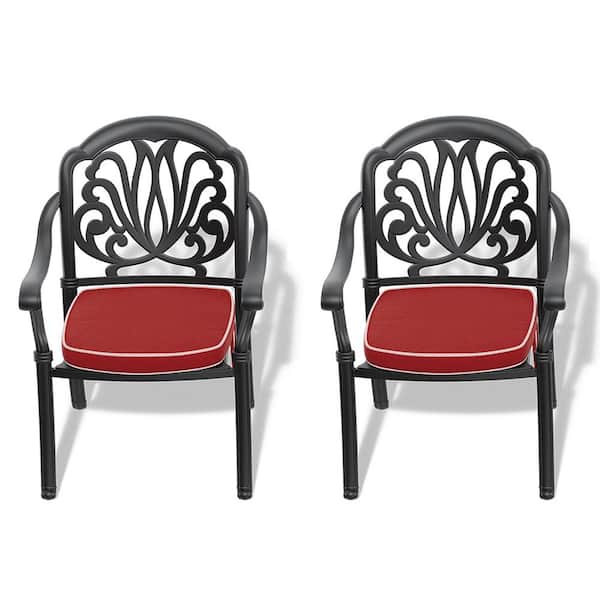 Cesicia Black Frame Cast Aluminum Outdoor Market Dining Chair with Random Color Cushions (2-Pack)