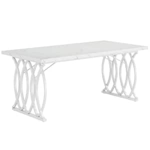 Adan 63 in. Rectangle Simple Faux Marble White Wooden Trestle Rectangle Desk Dining Table Seats 6 Geometric Legs