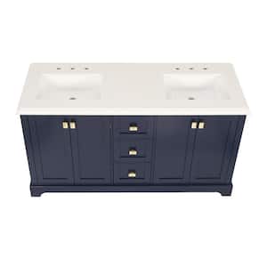 60.6 in. W x 22.4 in. D x 34 in. H Double Sink Solid Wood Bath Vanity in Navy Blue with White Marble Top