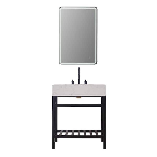 Altair Merano 30 in. W x 22 in. D x 35 in. H Single Sink Bath Vanity in Matte Black with White Composite Stone Top and Mirror