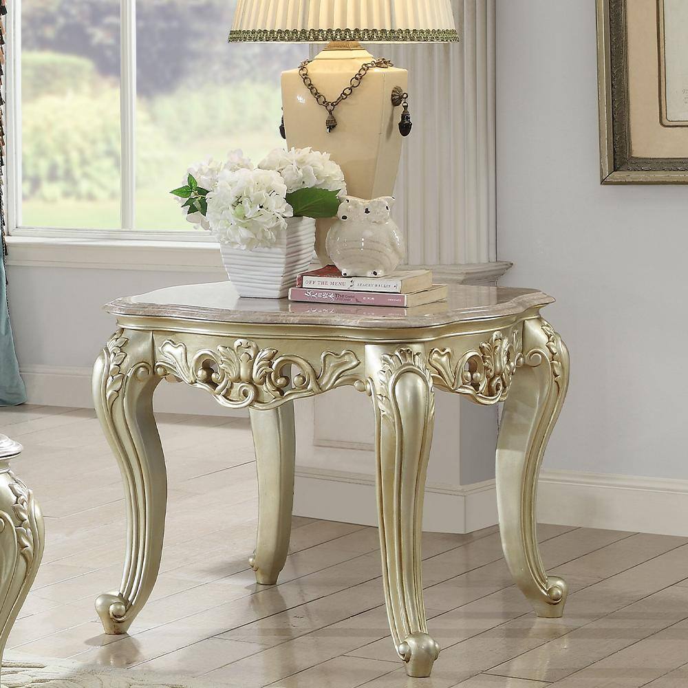 Baroque Bliss Antique White Square Marble Top End Table