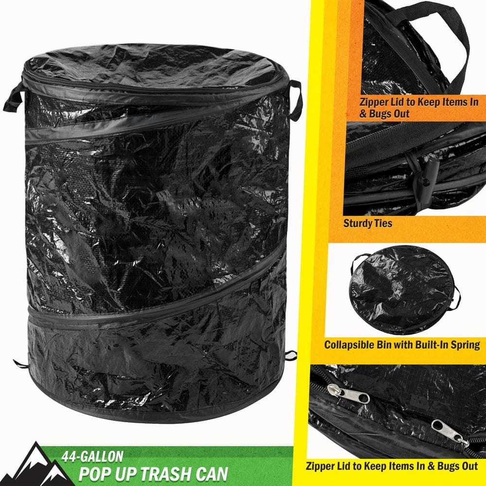 44-Gallon Black Collapsible Plastic Outdoor Trash Can with Lid