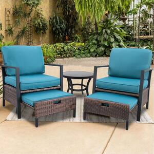 5-Piece Wicker Patio Conversation Set with Blue Cushions and Ottoman