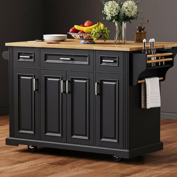 Rustic Coastal Black Wood 54 in. Rubber Wood Drop Leaf Rolling Kitchen Island with 4-Door and 3-Drawer