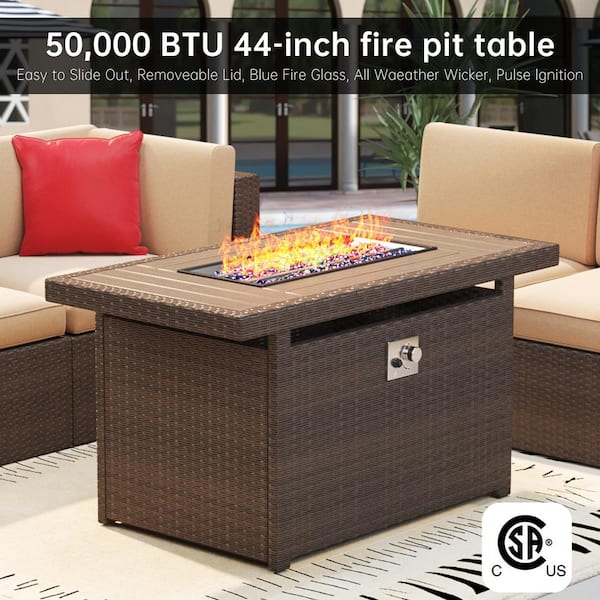 Sizzim 8-Piece Wicker Patio Set Conversation Set with 44 in. Fire Pit, Coffee Table, Brown Cushion
