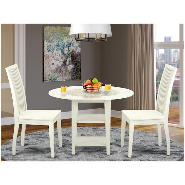 East West Furniture 3-Piece Linen White Finish Round Solid Wood Top Dining Table Set