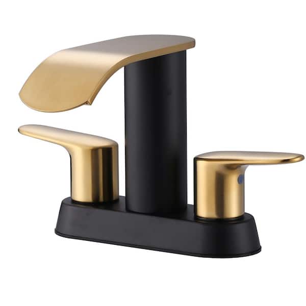 WOWOW 4 in. Centerset Double Handle Mid Arc Bathroom Waterfall Faucet with Drain Kit Included in Black and Gold