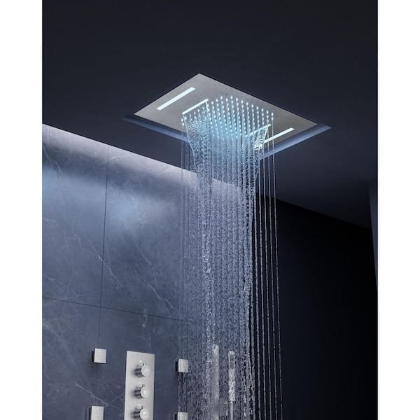 15-Spray 23 in. Ceiling Mount Rectangular Waterfall Fixed and Handheld Shower Head with LED in Brushed Nickel
