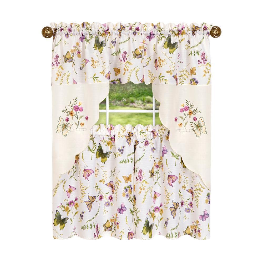White Polyester Embroidered Light-Filtering Kitchen Tier Curtains