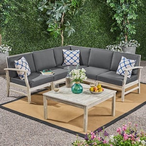 Perla Light Grey 6-Piece Wood Patio Conversation Sectional Seating Set with Dark Grey Cushions