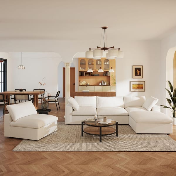 Magic Home Modular Oversized Cloud Couch 5-Piece White Linen Convertible Living Room Set Sofa with Ottoman and Washable Covers