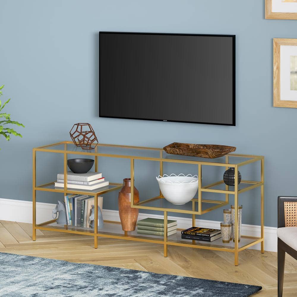 Deveraux 58" Glam Brass TV Stand with Tempered Glass Shelves