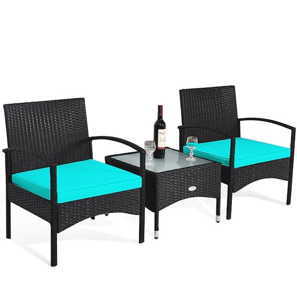 Costway 3 -Piece Patio Wicker Rattan Furniture Set Coffee Table and 2 Rattan Chair with Turquoise Cushion