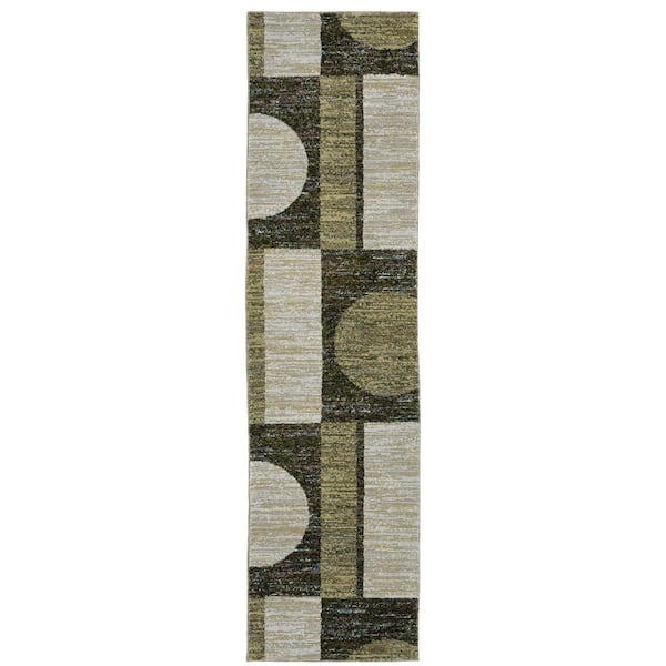 AVERLEY HOME Saturn Green/Beige 2 ft. x 8 ft. Modern Geometric Polypropylene-Nylon Blend Indoor Runner Area Rug
